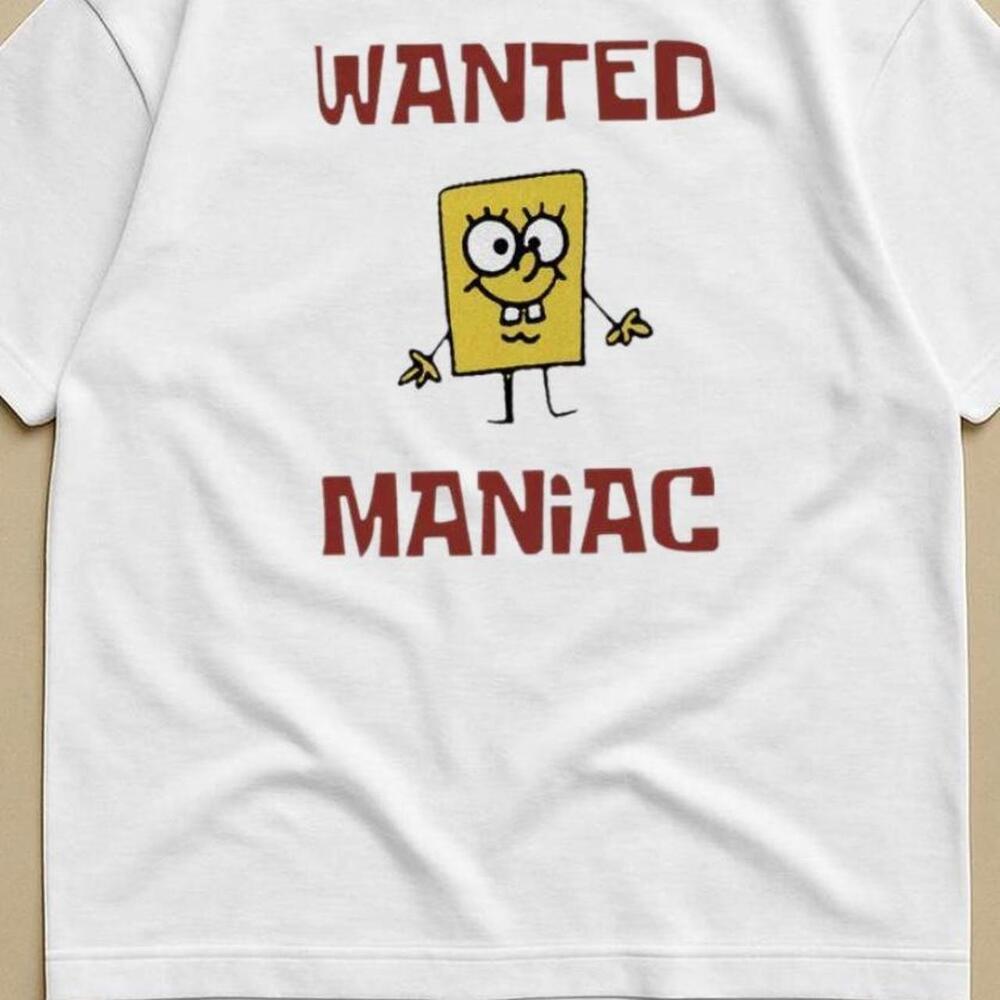 White And Red Spongebob Squarepants Wanted Maniac Tee On The Front